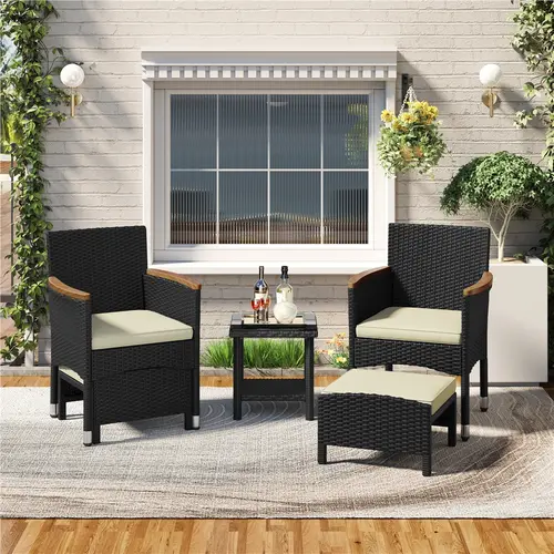 Yaheetech 5-Piece Patio Chairs Set - Outdoor Wicker Conversation Set with Cushioned Seating, Ottomans, Coffee Table, for Garden, Poolside