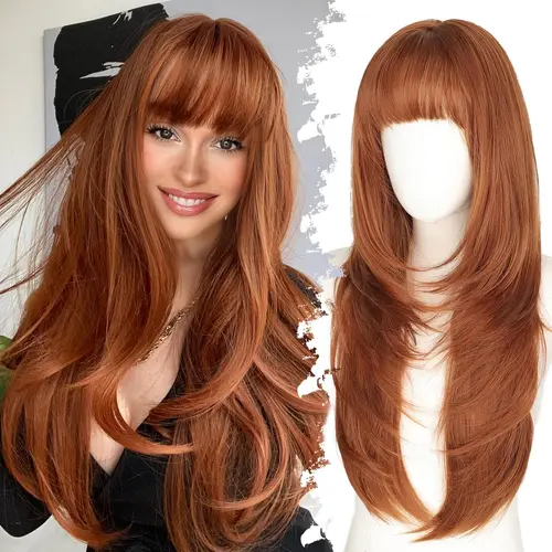 [AISI HAIR] Women's 26-Inch Ginger Synthetic Wig, Glueless Layered Cut Wig with Bangs, 4x4 Realistic Scalp, Free Parting, Heat Resistant, Ready to Wear for Daily & Party Use