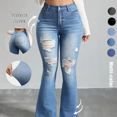 OBlue Jeans Women's Basic Flared Fashion Denim Leg Jeans, Denim Woven Jeans, Denim Clothing, Casual Comfy Stretchy Fit High Waist Bell Bottom Trousers for Daily Wear, Ladies Bottoms for All Seasons, Womenswear Pants