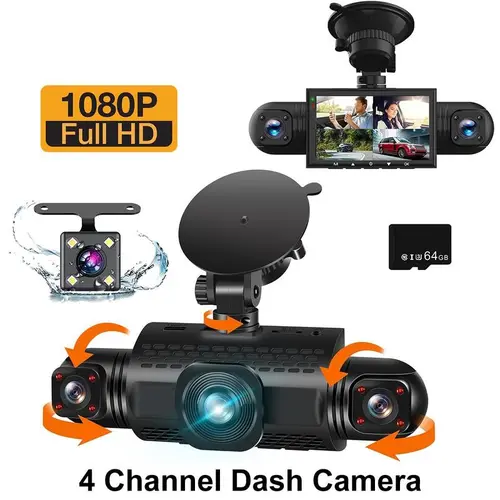 4 Channel Car Dash Camera, Full HD Front & Rear & Left & Right Camera with 64G TF Card, Loop Recording Reversing Camera,  truck accessories,dashcam vehicle,SummerVibes,