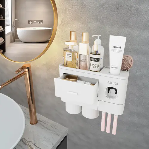 Wall Mounted Automatic Toothbrush Holder for Bathrooms - 2-4 Cup Capacity, Dual Toothpaste Dispensers, Large Tray, Magnetic Cups, Plastic Multi-Compartment Self-Draining Bathroom Decor Accessory, Automatic Toothbrush Holders
