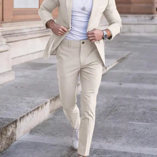 Men's Solid Color Suit Set, Slim Fit Formal Casual Comfy Breathable Business Workwear Blazer & Pants for Work Office, Men's Clothing for All Seasons, Business Suits Set, Menswear