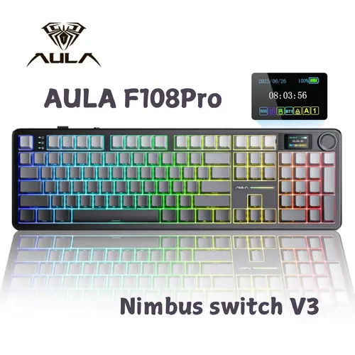 AULA F108 Pro Tri-Mode Wireless Mechanical Gaming Keyboard - Hot Swappable, RGB Lighting, Smart Screen & Knob, 108-Key Full Size, USB-C, 2.4GHz, Customizable, Mechanical Keycaps, for Work & Gaming Setup, Bluetooth Wireless Accessory, Keyboards For Work, G