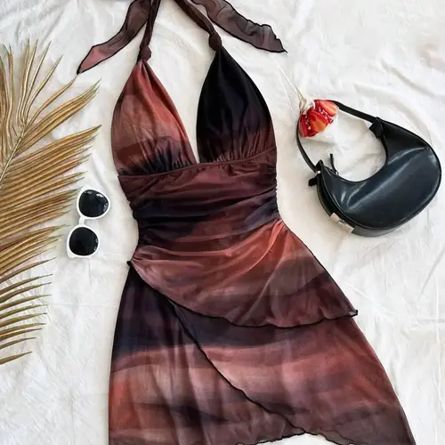 Women's Fashion Colorblock Print Tie Back Draped Dress, Chic Casual Halter Sleeveless Dress for Summer, Ladies Clothes for Beach Holiday Vacation