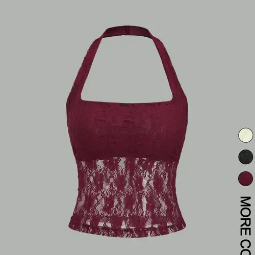 Valentine's Day Women's Plain Floral Lace Halter Neck Crop Top, Elegant Sleeveless Fitted Top for Party Holiday Vacation, Ladies Clothes for Summer, Cropped Tank Top, Womenswear