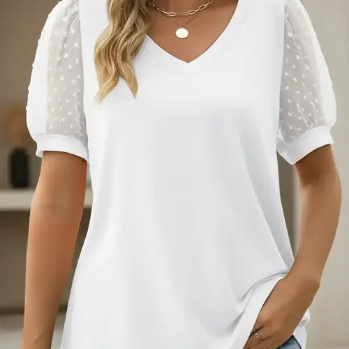 [Plus Size] Basic Plain Minimalist V Neck Tee, Casual Short Sleeve Fitted T-shirt for Summer, Women's Plus Clothing for Daily Wear, Lady Top, Casual Everyday Tops, Womenswear