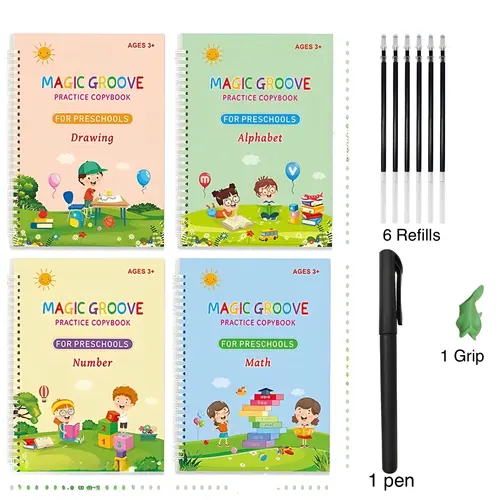4 Magic Reusable Grooved Handwriting Copybooks – Magic Writing Practice Books with 1 Pen, 1 Handle & 6 Refills | School & Educational Supplies for Early Childhood Education