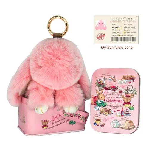 BunnyLulu Handmade Fluffy Rabbit Keychain - 5.8in Kawaii Animals Charm, Designer Tin, Certificate Card, Unisex Bag/Backpack Accessory, Keychain Kawaii Back to School Haul Beach Casual Engagement Gift