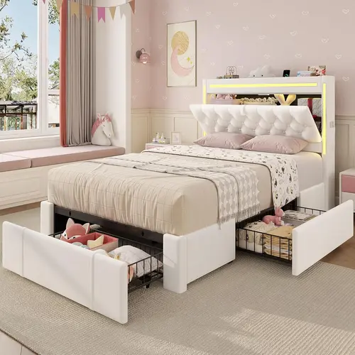 Sikaic Twin Size Upholstered LED Bed Frame with 3 Storage Drawers, Velvet Headboard with Hidden Storage & Charging Station, Button Tufted Princess Bed for Girls, No Box Spring Needed, Home Furniture Christmas Gifts [SohoChic]