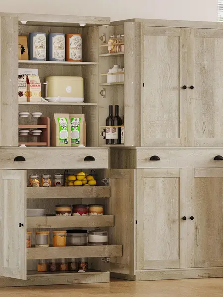 IRONCK 72" High Safe Storage Cabinet, Freestanding MDF Rustic Maple Sideboard with Drawer, Sliding Storage Rack, 6 Hanging Shelves & Anti-Tip Kit, for Dining Room, Laundry (2 Packages Shipping), Sideboard With Storage