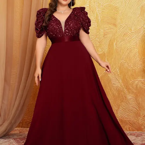 [Plus Size] Glitter Sequin Chiffon Overlay Formal Prom Party Dress, Elegant V Neck Bishop Sleeve Evening Party Gown, Women's Clothes for All Seasons, Womenswear, Plus Size Formal Dress, Lady, Formal Evening Dresses