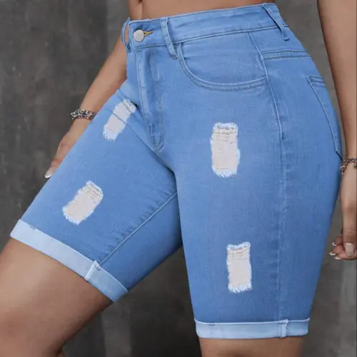 Women's Distressed Denim Shorts, Cowgirl Shorts, Slim Fashion Casual Ripped Short Jeans for Daily Wear, Ladies Bottoms for Summer, Fitted Casual Shorts, Casual Fashionable Shorts, Womenswear