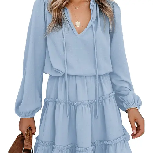 BTFBM Women Casual Summer Spring Dresses 2026 Tie Neck Long Sleeve High Waist Tiered Ruffle Aline Swing Tunic Mini Dress #Outdoorfun
