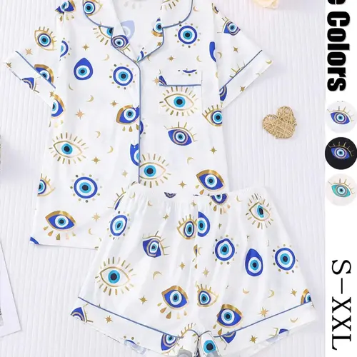 Women's All Over Cartoon Eye Print Short Sleeve Two-Piece Set, Comfy Button-Front Chest Pocket Lapel Neck Top & Elastic Waist Shorts PJ Set, Ladies Sleepwear for All Seasons, Casual Pajamas, Loungewear, Loungewear Shorts Sets