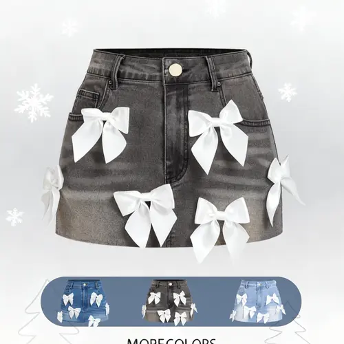 Women's Elastic Denim Short Skirt with Bow, Butterfly, Slant Pockets, High Stretch Fitted Fabric, Womenswear Casual Chic Elegant Fashion for Parties Holidays Daily Wear, Cute Bottom, Mini Skirt