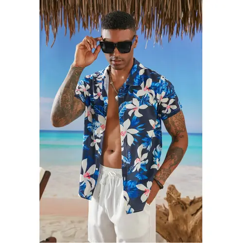 JUNBAOSS Hawaiian Shirt for Men, Unisex Summer Beach Casual Short Sleeves Button Down Shirts, Regular Fit Fashion Comfy Flower Printed Blouse Vacation Clothing, Classic Soft Floral Menswear Polyester Stylish Hawaiian Tropical Tops, Outfits for Daily Wear