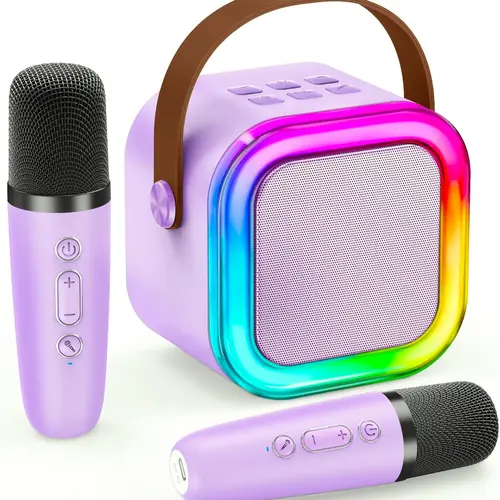 Compact Kids Toys Mini Bluetooth Karaoke Speaker with 2 Wireless Microphones, RGB Lights, HiFi Stereo Subwoofers Audio Device, Cool Gifts for Kids (Ages 3-14+) 2026 Birthday/Christmas Gifts, Batteries Included, Stereo Sub Punch, Karaoke Fun