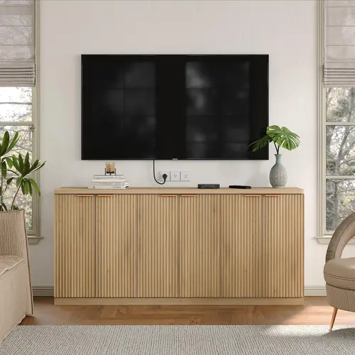 FUSOU Adjustable Storage Cabinet - Sturdy Modern Fluted Engineered Wood Cupboard with Doors, Adjustable-Height Shelves, Waterproof, Large Dimensions, Easy-to-Assemble Mid-Century Credenza for Living Room, Coffee Bar, Media Console (Shipped in 2 Packages),