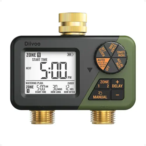 Diivoo Brass 2-Zone Sprinkler Timer, IP67 Waterproof Programmable Water Hose Timer with 2 Outlets, Large Display, Rain Delay, Manual Mode, Simple Start Time Setup, Batteries for Outdoor Automated Irrigation Watering Equipment (Garden, Lawn)