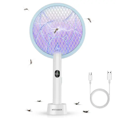 Racket-Shape High-Power 4100V Electronic Mosquito Killer Racket, 1800mAh USB Rechargeable Cordless Bug Zapper with Purple Light, 1.23lb Chemical-Free Indoor Pest Control Tool for Indoor Users, Camping Gear Gift with Included Batteries