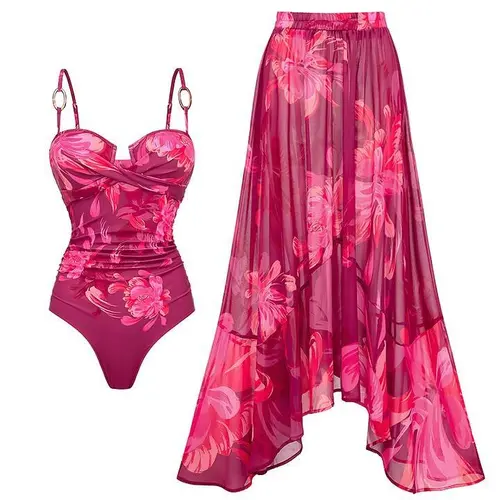 FLAXMAKER Women's Rose Red Color Sling Abstract Floral Print One Piece Swimsuit and Matching Cover Skirt Set Swimdress Stylish Beachwear Bathing Suit Coverups vacation swimwear for women#Summervibes #Summervibes outdoorfun #SwimWeek