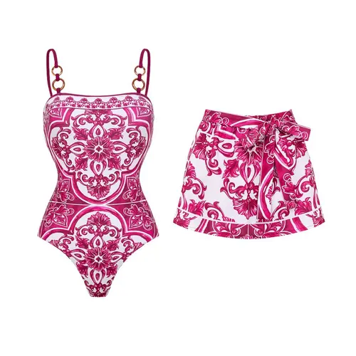 FLAXMAKER Women's Classic Pink Majolica Print Monokini Bathing Suit with High-Waisted Shorts, Adjustable Shoulder Straps, Quick Dry Beach Wear, Stylish Sports & Outdoor Swimsuits