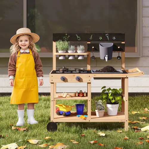 Costzon Wooden Kids Play Kitchen, Outdoor Mud Kitchen with Removable Sink, Water Box & Faucet, Stove Top, Storage Shelves, Fun Backyard Pretend Kitchen Playset , , dad gift