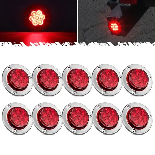 Partsam 10Pcs 2 inch Red 7LED Side Marker Clearance Light Turn Signal with Stainless Steel Bezel For Trailer Truck, High/Low Brightness