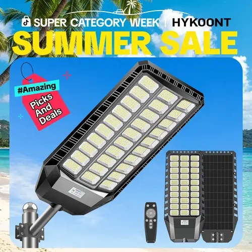 HYKOONT  Solar Street Light - Super Bright 1080LED Flood Light, Outdoor Waterproof LED, 25% Solar Convert, Dusk to Dawn, Motion Sensor, Remote Control, for Summer Garden Camping