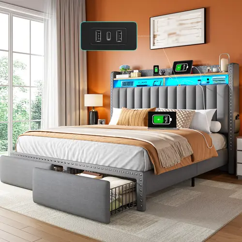 Luxury King/Queen/Full Bed Frame with Storage Shelf & 2 Drawers,NO MATTRESS, Upholstered Bed Frame with LED &Power Outlet, Holds 1000lbs, No Noise, Metal Frame & Wood Slats