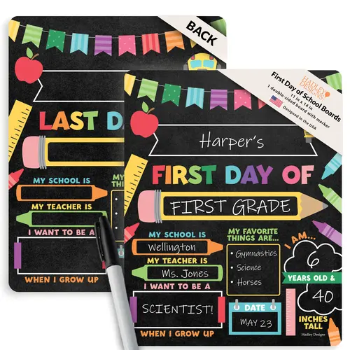 Hadley Designs First Day of School Reversible Dual-Sided Rectangular 11x14 Chalkboard Sign, Non-Toxic Dry Erasable Marker Photo Prop, Easy Write & Erase, USA-Made Unisex Preschool Educational Supply for Memories, Dry Erase, Preschoolers