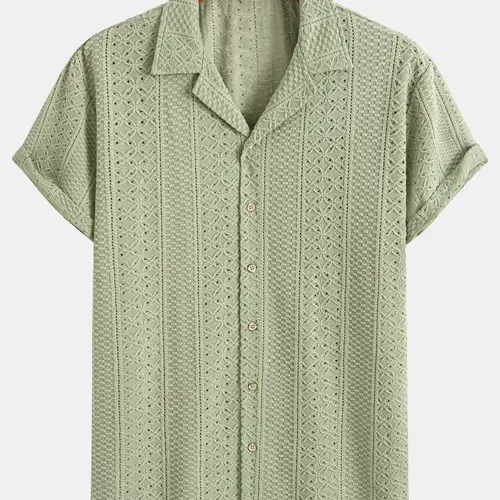 Men's Geometric Jacquard Short Sleeve Casual Comfy Collared Party Shirt, Loose Breathable Relaxed Fit Casual Comfy Breathable Top for Summer, Men's Clothes for Daily Wear, Tropical, Casual Stylish Menswear, Knit Shirts, Casual Outings Shirt