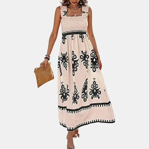PrettyGarden Women's Summer Boho Maxi Dress Casual Sleeveless Square Neck Floral A Line Smocked Beach Dress with Pocket - Womenswear