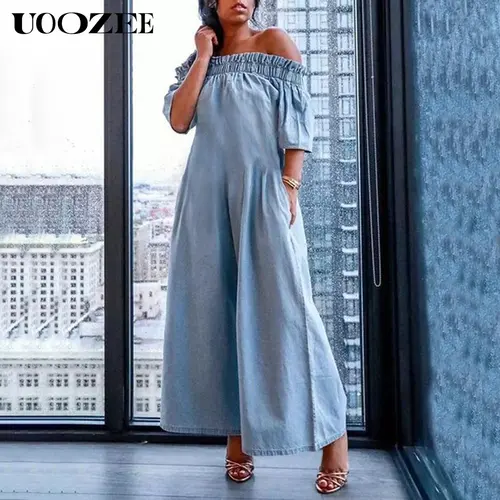 UOOZEE Women's Elegant Vintage Off-Shoulder Cotton Blend Overalls - Pleated Short-Sleeve, Thin Denim Fabric, Elastic Waist, Pockets, Split Hem, Loose Fit, Stylish Jumpsuits