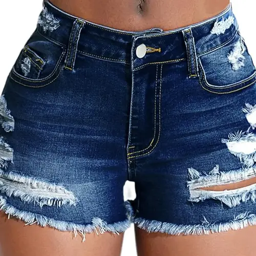 Women's Distressed Hem Ripped Denim Shorts, Casual Fashion Shorts for Daily Wear, Ladies Bottoms for Summer, Button