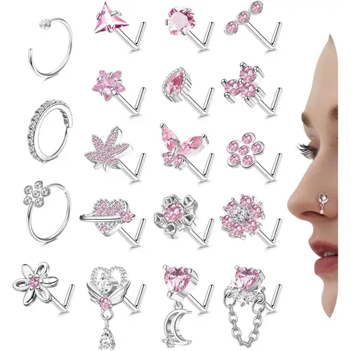 Women's 19-Pcs 20G (0.8mm) L-Shaped Hypoallergenic Stainless Steel Nose Studs Set - CZ Butterfly, Heart, Flower Designs, Non-Tarnish Nose Ring Jewelry, Accessories for Women, Funky Unique Female Body Jewelry