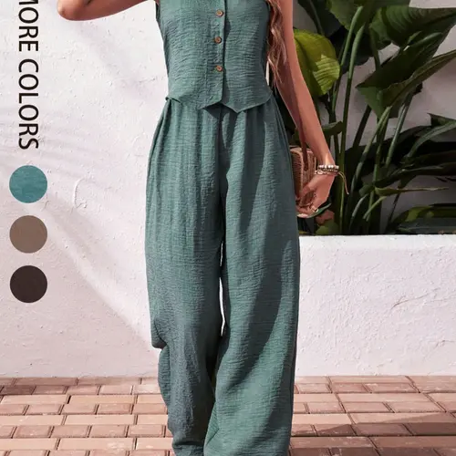 Women's Solid Color Tank Top & Loose Wide Leg Baggy Pants Two-piece Set Suits, Casual Minimalist Sleeveless V Neck Top & Pants for Daily Wear, Ladies Two-piece Outfits for Summer Two Pieces Outfits