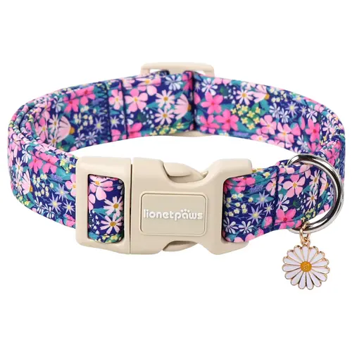 Lionet Paws Summer Daisy Dog Collar - Adjustable Purple Floral Dog Accessories with Plastic Buckle (All Sizes)