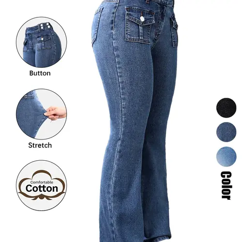 Women's Pocket Stretchy Jeans, Vintage Flared High-Waist Casual Chic Comfy Bell Bottom Denim Trousers Pants for Daily Wear, Ladies Bottoms for All Seasons Button