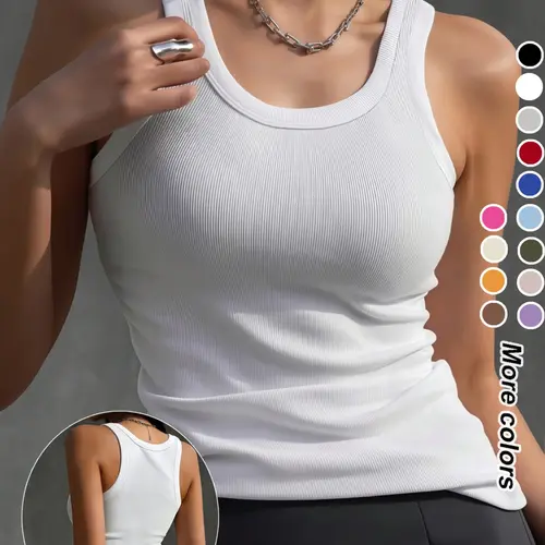 Women's Solid Color Ribbed Sports Tank Top, Elastic Ribbed Vest, Regular Fit  Comfortable Breathable Sleeveless Sports Top for Yoga Gym Workout, Ladies Sportswear for All Seasons, Sporty Tank Top
