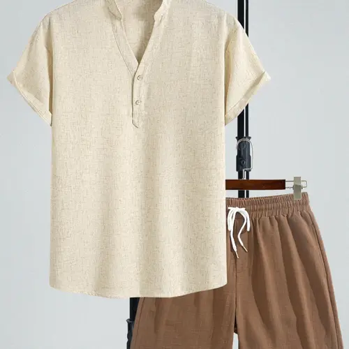 Men's Solid Color Plain Shirt & Drawstring Waist Shorts Set, Loose Casual Short Sleeve Button Up Top & Bottoms, Summer Clothes Set for Men, Loose Fit Set, Casual Clothing Set, Menswear