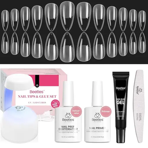 Beetles Gel Nail Kit with Nail Dehydrator and Primer, 576Pcs Half Matte Etch-X Gel Nail Tips Solid Nail Glue Mini Nail Lamp Acrylic Nail Tips Easy DIY Nail Extension Set Gift for Women