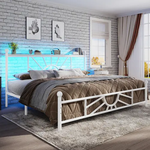 【Back-to-School Season】King Queen Full Metal Bed Frame with Headboard & LED, NO MATTRESS,Under Bed Storage Space & Strong Metal Slats, Iron Bed Frame, Noise-Free, Easy Assembly, Modern Bedroom Furniture,Easy to assemble in 30 mins, 1300 lbs Capacity,White