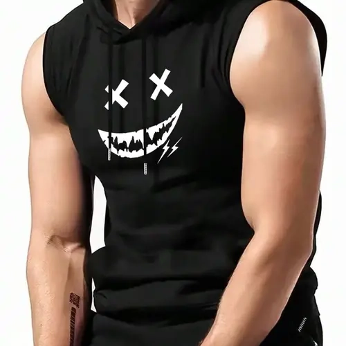 Men's Regular Fit Smile Face Print Tank Hoodie, Casual Graphic Sleeveless Hoodie for Summer, Men's Top for Daily Wear, Casual Sports Hoodie, Casual Streetwear, Casual Print Clothes, Graphic Streetwear Clothing
