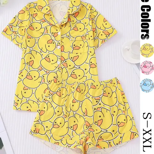 Women's Duck Print Fitted Shirt & Shorts Pajama Set, Casual Comfy Soft Short Sleeve Top & Shorts Two-Piece Set, Homewear Loungewear Set, Ladies Sleepwear for Summer