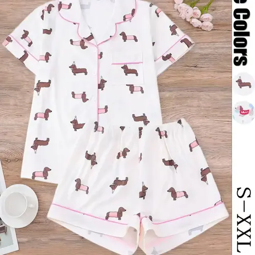 Women's All Over Dachshund Print Shirt & Elastic Waist Shorts Pyjama Two-piece Set, Casual Comfy Short Sleeve Collared Top & Shorts PJ Set, Ladies Sleepwear for All Seasons, Loungewear, Pajama Set, Pajamas, Homewear