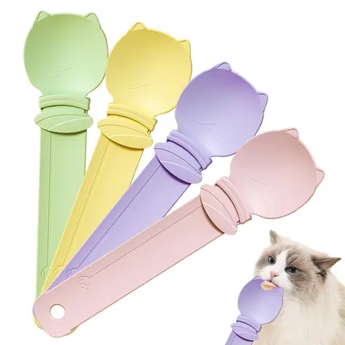 #backtoschool 4Pcs Cat Treat Squeeze Spoon Multifunctional Dispenser for Wet Food, Licky Treats & Puree Tubes, Easy Feeding and Storage with with Extra Long Handle Design, Cat Accessories