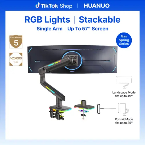 HUANUO Single Monitor Arm - Heavy-Duty Adjustable Ergonomic Tabletop Desk Mount (Fits Up to 57in RGB/Non-RGB Up to 49in Ultrawide Screens), 44 lbs Capacity, C-Clamp & Grommet Base, Max VESA 100x100mm