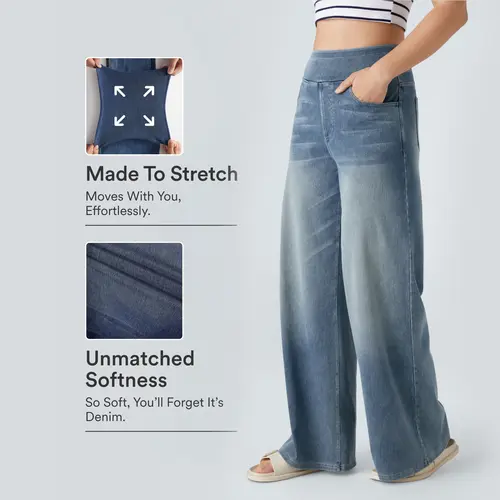 Halara Flex™ High Waisted Pockets Baggy Wide Leg Washed Casual Jeans