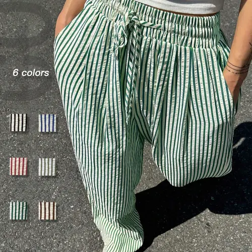 Plus Size Casual Striped Print Straight-Leg Pants Stripe Straight Cut, Elegant Fashion Trousers for Daily Outdoor Wear, Women's Plus Clothing for Summer Womenswear, Bottom, Casual Fashion Bottoms, Casual Style Bottoms